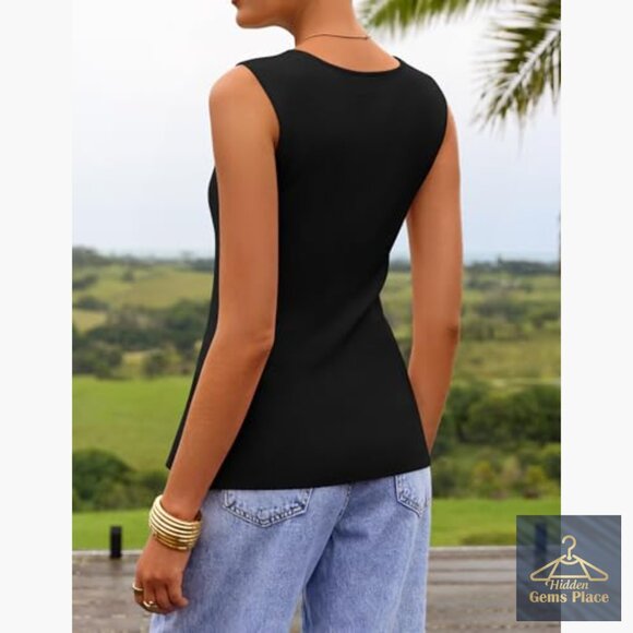 Sleeveless Square Neck Ribbed Knit Sweater Vest Slim Fit Tank Top - Picture 5 of 7